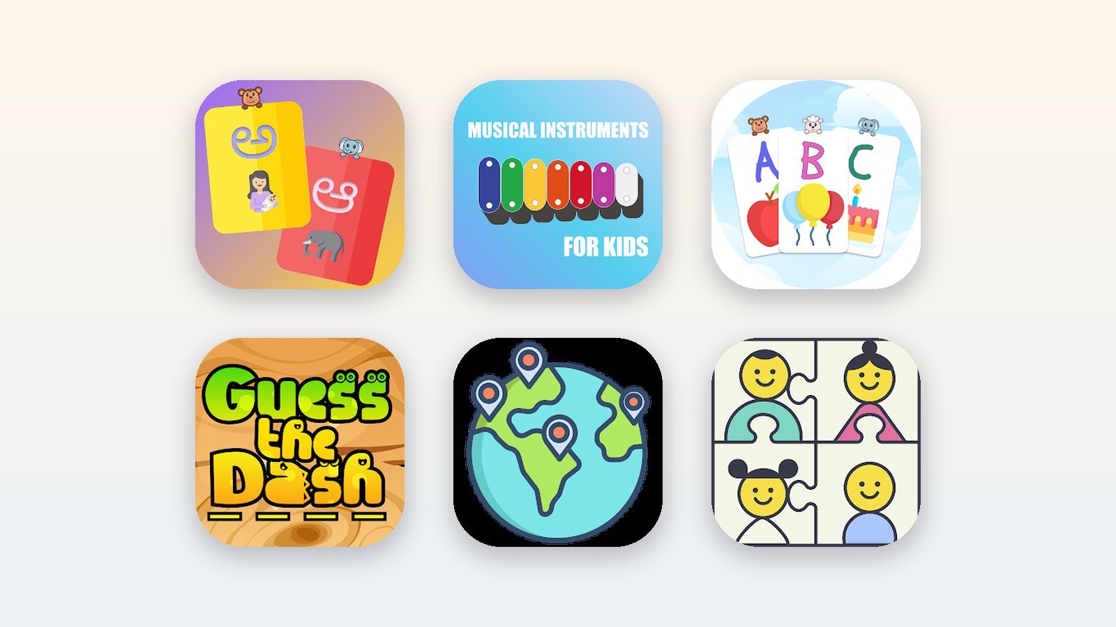 Icons of six simple kids learning apps: Kannada Alphabet, Xylophone, ABC Flashcards, Guess the Dash, Country Flags and Match This