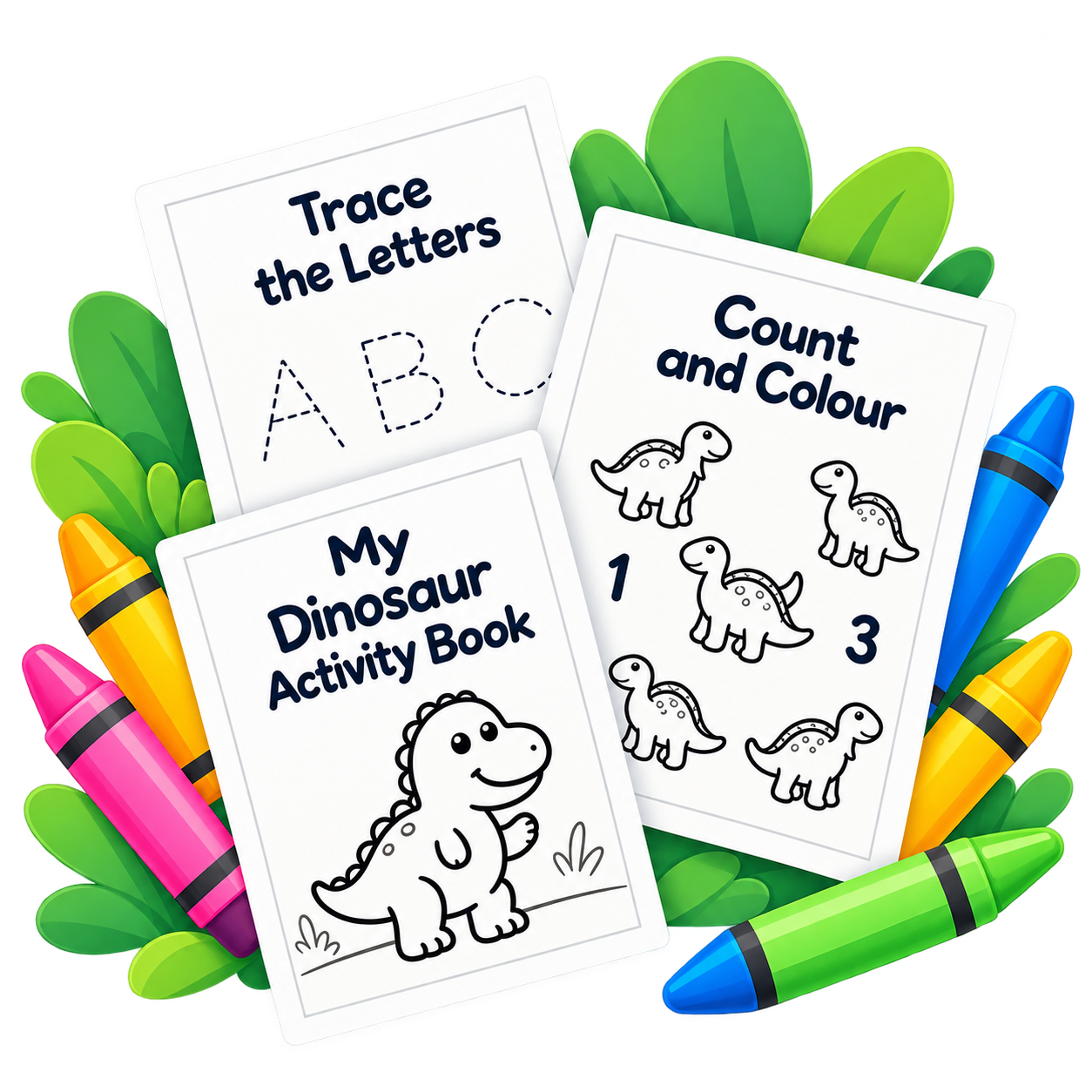 Letter tracing, counting and colouring sheets, and a dinosaur activity book surrounded by crayons.